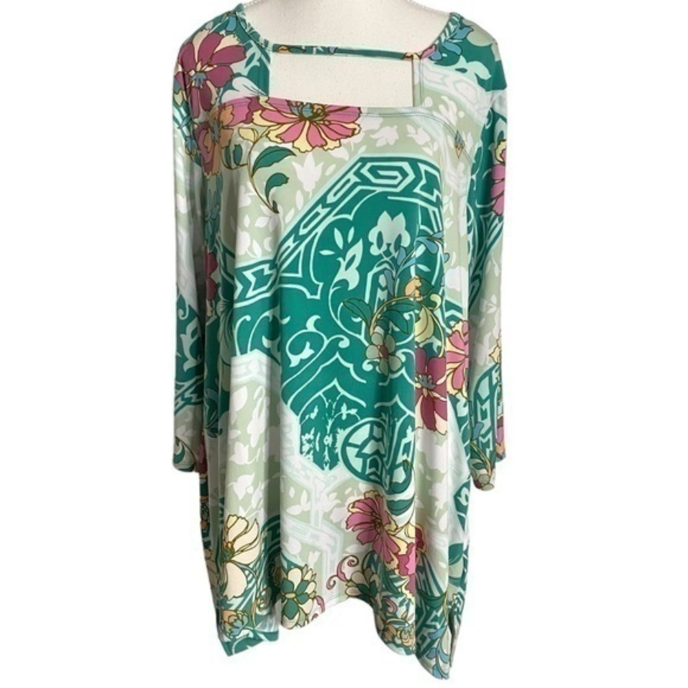 JM Collection Multi Print Green 3/4 Sleeve Blouse